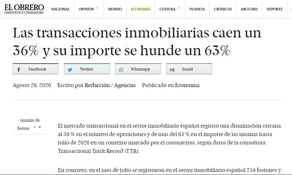 Las transacciones inmobiliarias caen un 36% y su importe se hunde un 63%